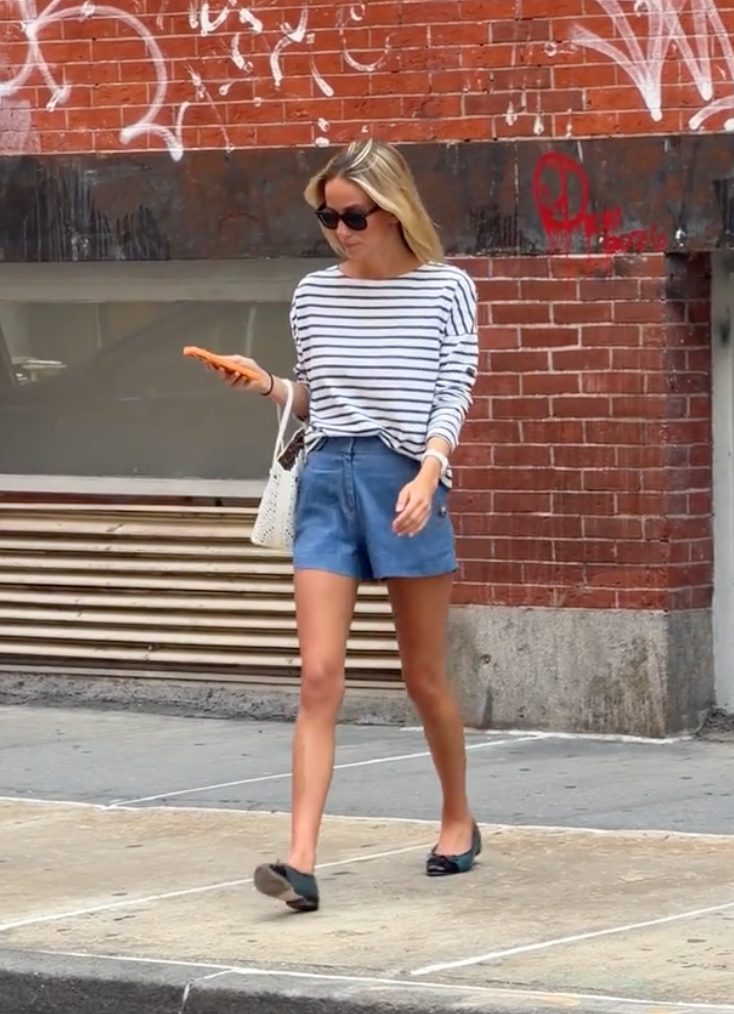 White and navy striped top, denim shorts, black flats, sunglasses, and a white bag.